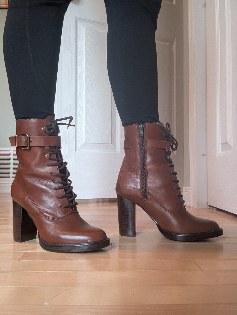 Genuine Brown Leather Laceup Zip Heeled Boots santa lolla SZ 8